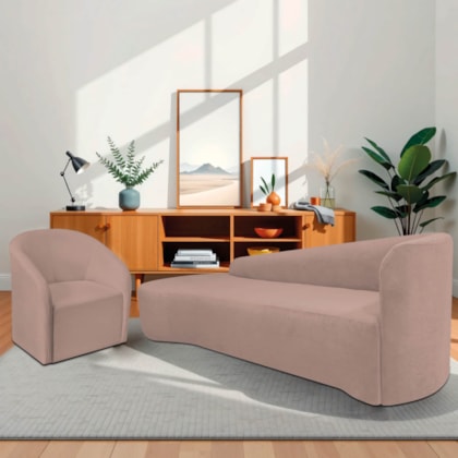Kit Sofá Curvo França 180cm L.E e Poltrona Luiza Max Conforto, Elegância e Design Moderno Linho Rose