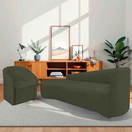 Kit Sofá Curvo França 180cm L.E e Poltrona Luiza Max Conforto, Elegância e Design Moderno Linho Verde