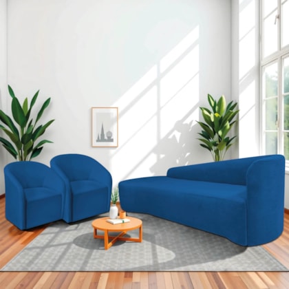 Kit Sofá Curvo França 200cm L.E e 2 Poltronas Luiza Max Conforto, Elegância e Design Moderno Linho Azul Royal