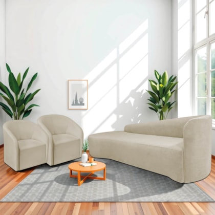 Kit Sofá Curvo França 200cm L.E e 2 Poltronas Luiza Max Conforto, Elegância e Design Moderno Linho Bege