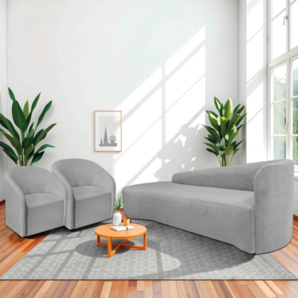 Kit Sofá Curvo França 200cm L.E e 2 Poltronas Luiza Max Conforto, Elegância e Design Moderno Linho Cinza Claro