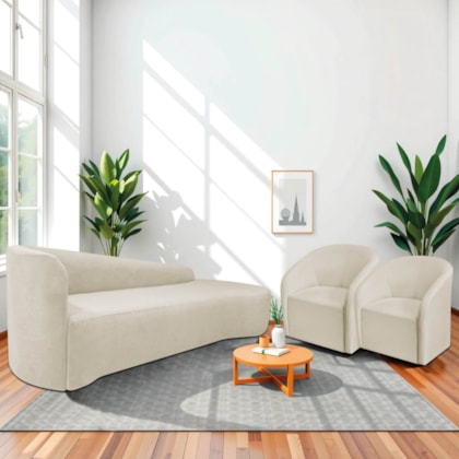 Kit Sofá Curvo França 200cm LD. e 2 Poltronas Luiza Max Conforto, Elegância e Design Moderno Bouclé Bege