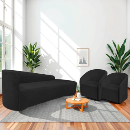Kit Sofá Curvo França 200cm LD. e 2 Poltronas Luiza Max Conforto, Elegância e Design Moderno Bouclé Preto