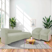 Kit Sofá Curvo França 200cm LD. e 2 Poltronas Luiza Max Conforto, Elegância e Design Moderno Bouclé Verde Oliva