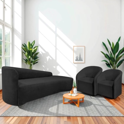 Kit Sofá Curvo França 200cm LD. e 2 Poltronas Luiza Max Conforto, Elegância e Design Moderno Linho Preto