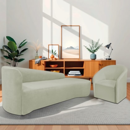 Kit Sofá Curvo França 200cm LD. e Poltrona Luiza Max Conforto, Elegância e Design Moderno Bouclé Verde Oliva