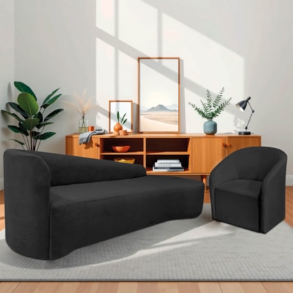 Kit Sofá Curvo França 200cm LD. e Poltrona Luiza Max Conforto, Elegância e Design Moderno Linho Preto