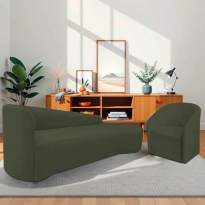 Kit Sofá Curvo França 200cm LD. e Poltrona Luiza Max Conforto, Elegância e Design Moderno Linho Verde