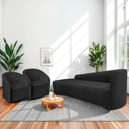 Kit Sofá Curvo França 220cm L.E e 2 Poltronas Luiza Max Conforto, Elegância e Design Moderno Linho Preto