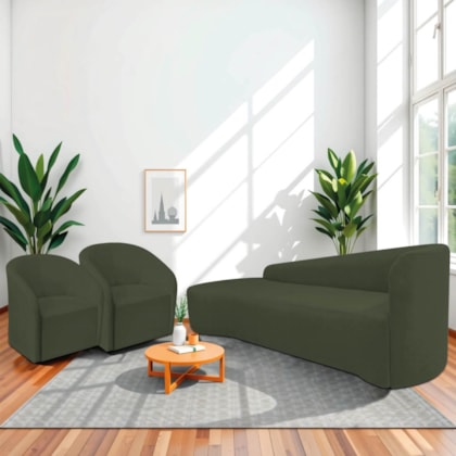 Kit Sofá Curvo França 220cm L.E e 2 Poltronas Luiza Max Conforto, Elegância e Design Moderno Linho Verde