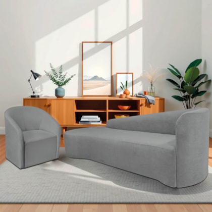 Kit Sofá Curvo França 220cm L.E e Poltrona Luiza Max Conforto, Elegância e Design Moderno Bouclé Cinza