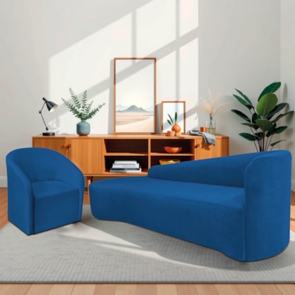 Kit Sofá Curvo França 220cm L.E e Poltrona Luiza Max Conforto, Elegância e Design Moderno Linho Azul Royal