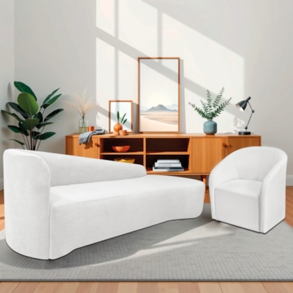 Kit Sofá Curvo França 220cm LD. e Poltrona Luiza Max Conforto, Elegância e Design Moderno Bouclé Branco