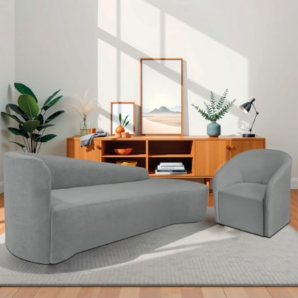 Kit Sofá Curvo França 220cm LD. e Poltrona Luiza Max Conforto, Elegância e Design Moderno Bouclé Cinza