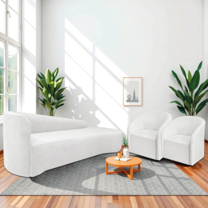 Kit Sofá Curvo França 250cm LD. e 2 Poltronas Luiza Max Conforto, Elegância e Design Moderno Bouclé Branco