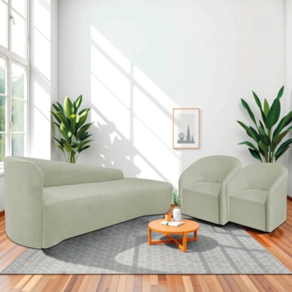 Kit Sofá Curvo França 250cm LD. e 2 Poltronas Luiza Max Conforto, Elegância e Design Moderno Bouclé Verde Oliva