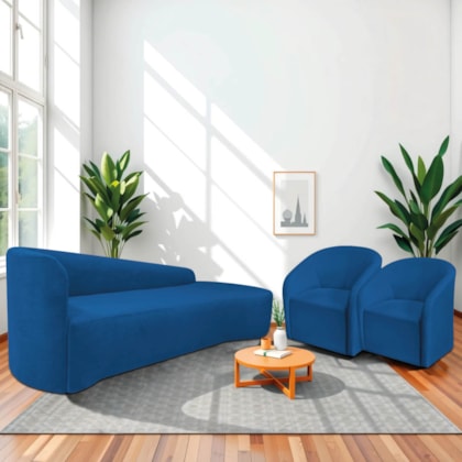 Kit Sofá Curvo França 250cm LD. e 2 Poltronas Luiza Max Conforto, Elegância e Design Moderno Linho Azul Royal