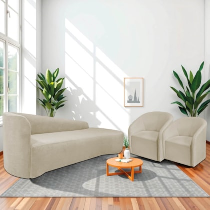 Kit Sofá Curvo França 250cm LD. e 2 Poltronas Luiza Max Conforto, Elegância e Design Moderno Linho Bege