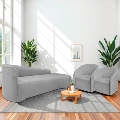 Kit Sofá Curvo França 250cm LD. e 2 Poltronas Luiza Max Conforto, Elegância e Design Moderno Linho Cinza Claro