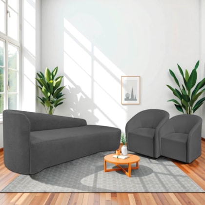 Kit Sofá Curvo França 250cm LD. e 2 Poltronas Luiza Max Conforto, Elegância e Design Moderno Linho Cinza Escuro