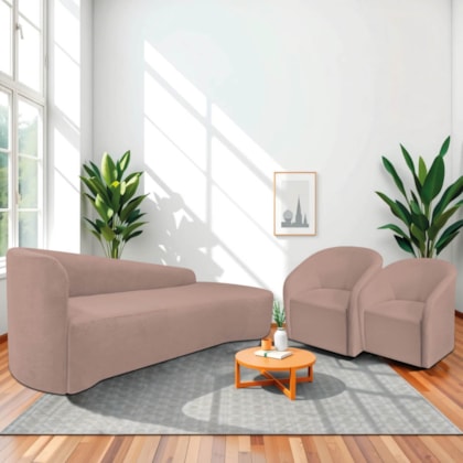 Kit Sofá Curvo França 250cm LD. e 2 Poltronas Luiza Max Conforto, Elegância e Design Moderno Linho Rose