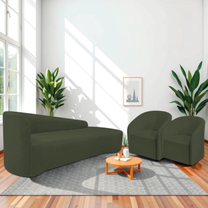 Kit Sofá Curvo França 250cm LD. e 2 Poltronas Luiza Max Conforto, Elegância e Design Moderno Linho Verde