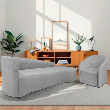 Kit Sofá Curvo França 250cm LD. e Poltrona Luiza Max Conforto, Elegância e Design Moderno Linho Cinza Claro