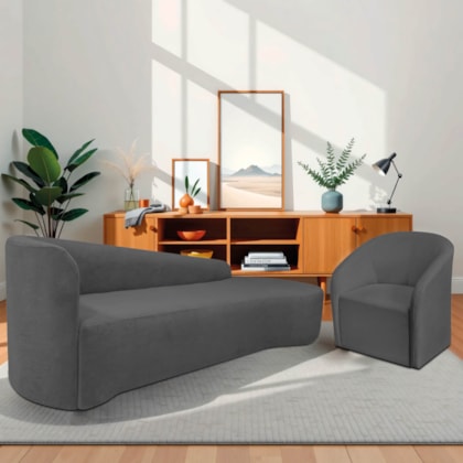 Kit Sofá Curvo França 250cm LD. e Poltrona Luiza Max Conforto, Elegância e Design Moderno Linho Cinza Escuro
