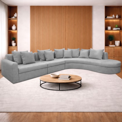Kit Sofá Modular 5 Lugares 390cm Moderno Curvo Orgânico Bellarco Linho Cinza Claro