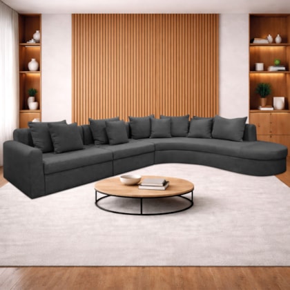 Kit Sofá Modular 5 Lugares 390cm Moderno Curvo Orgânico Bellarco Linho Cinza Escuro