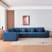 Kit Sofá Modular 5 Lugares Moderno Curvo Orgânico Adapt Linho Azul Royal