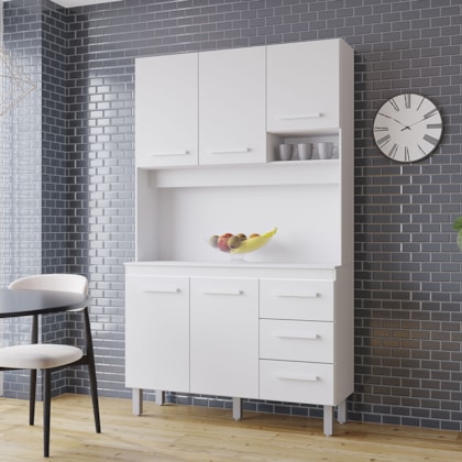 Kit Zínia 5 Portas 3 Gavetas Cozinha MB1 120cm Branco Puxador Branco