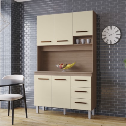 Kit Zínia 5 Portas 3 Gavetas Cozinha MB1 120cm Savana\Off White Puxador Cobre