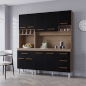 Kit Zínia Com Paneleiro 9 Portas 4 Gavetas Cozinha MB1 180cm Savana\Preto Puxador Cobre