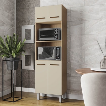 Paneleiro Íris 4 Portas Cozinha MB1 200cm Savana\Off White Puxador Cobre