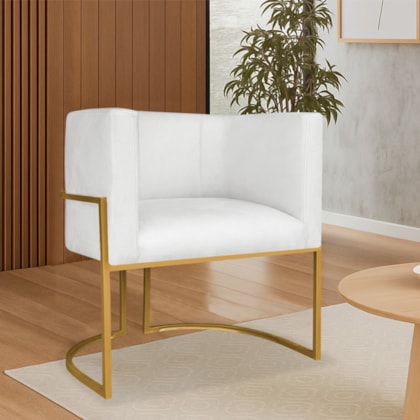 Poltrona Dália Luxo Moderna Estofada Design Sofisticado com Base de Ferro Dourado Bouclé Branco