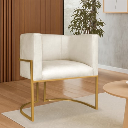Poltrona Dália Luxo Moderna Estofada Design Sofisticado com Base de Ferro Dourado Corano Bege