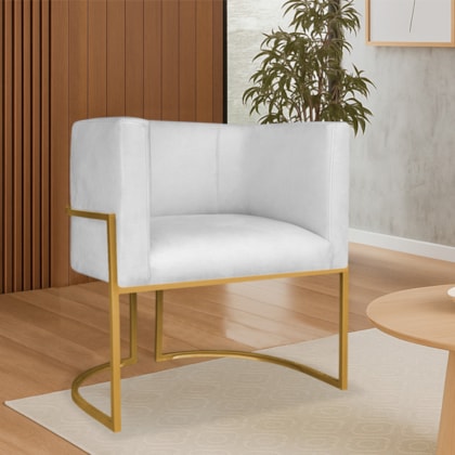 Poltrona Dália Luxo Moderna Estofada Design Sofisticado com Base de Ferro Dourado Corano Branco