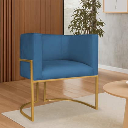 Poltrona Dália Luxo Moderna Estofada Design Sofisticado com Base de Ferro Dourado Linho Azul Royal