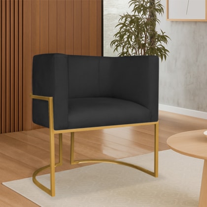 Poltrona Dália Luxo Moderna Estofada Design Sofisticado com Base de Ferro Dourado Linho Preto