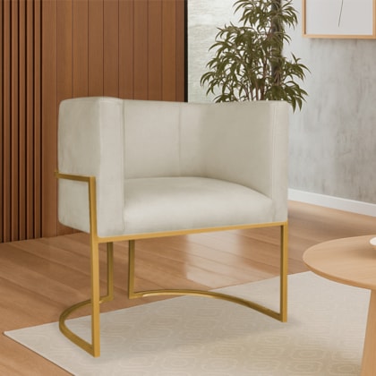 Poltrona Dália Luxo Moderna Estofada Design Sofisticado com Base de Ferro Dourado Suede Bege