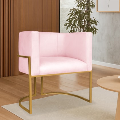 Poltrona Dália Luxo Moderna Estofada Design Sofisticado com Base de Ferro Dourado Suede Rosa Bebê