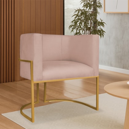 Poltrona Dália Luxo Moderna Estofada Design Sofisticado com Base de Ferro Dourado Suede Rose