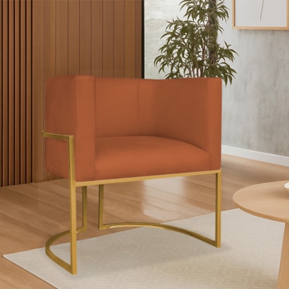 Poltrona Dália Luxo Moderna Estofada Design Sofisticado com Base de Ferro Dourado Suede Terracota