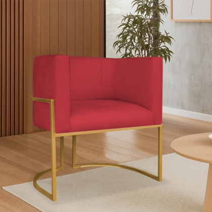 Poltrona Dália Luxo Moderna Estofada Design Sofisticado com Base de Ferro Dourado Suede Vermelho