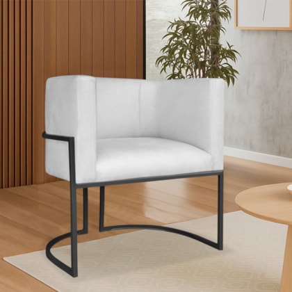 Poltrona Dália Luxo Moderna Estofada Design Sofisticado com Base de Ferro Preto Corano Branco