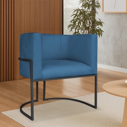 Poltrona Dália Luxo Moderna Estofada Design Sofisticado com Base de Ferro Preto Linho Azul Royal