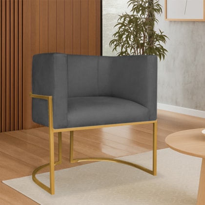 Poltrona Dália Luxo Moderna Estofada Design Sofisticado com Base de Ferro Preto Linho Cinza Claro