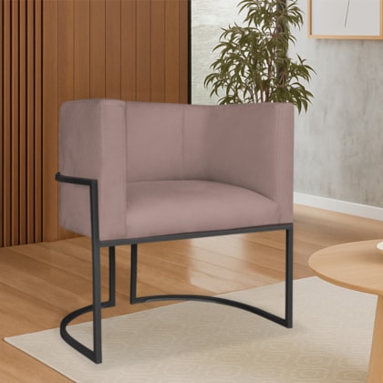 Poltrona Dália Luxo Moderna Estofada Design Sofisticado com Base de Ferro Preto Linho Rose