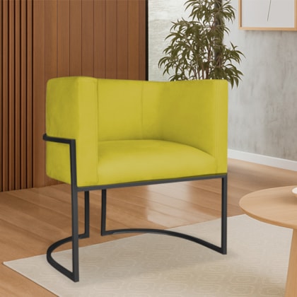 Poltrona Dália Luxo Moderna Estofada Design Sofisticado com Base de Ferro Preto Suede Amarelo